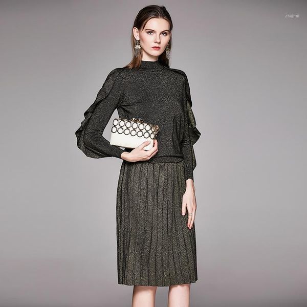 two piece dress autumn winter women elegant ruffles sweater pullover + pleated skirt 2 set shiny knitted midi slim suit, White